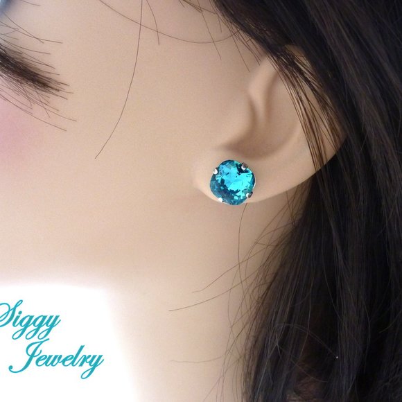 Swarovski Crystal Indicolite Cushion Cut Solitaire Stud Earrings, Teal Blue 10mm - Picture 4 of 6